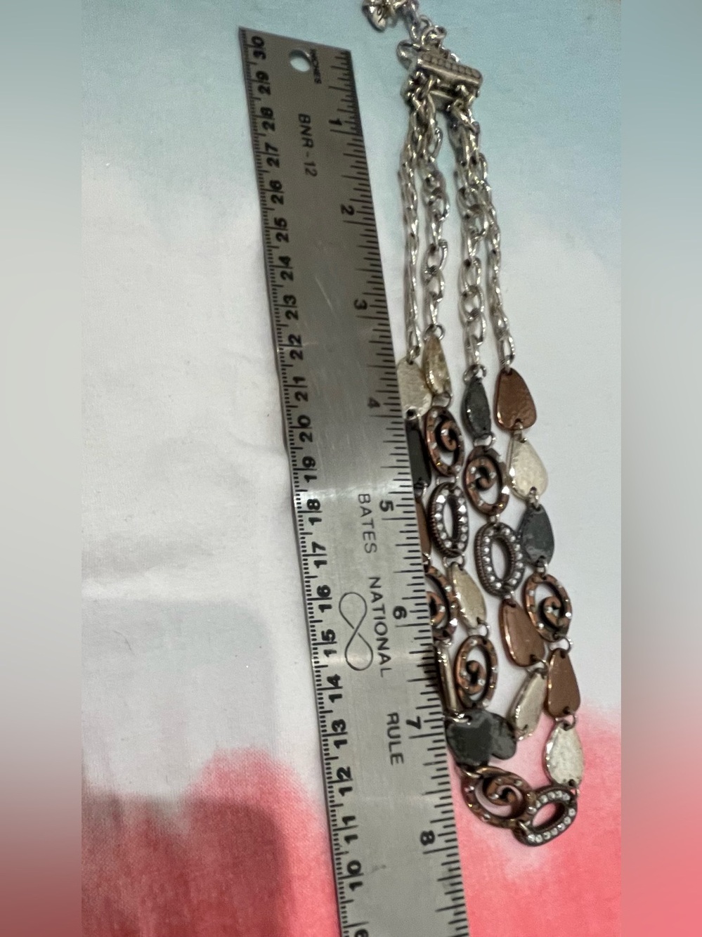 Brighton Tri-Tone Hammered Crystals Metal Two Layer Chain Necklace - Picture 5 of 8